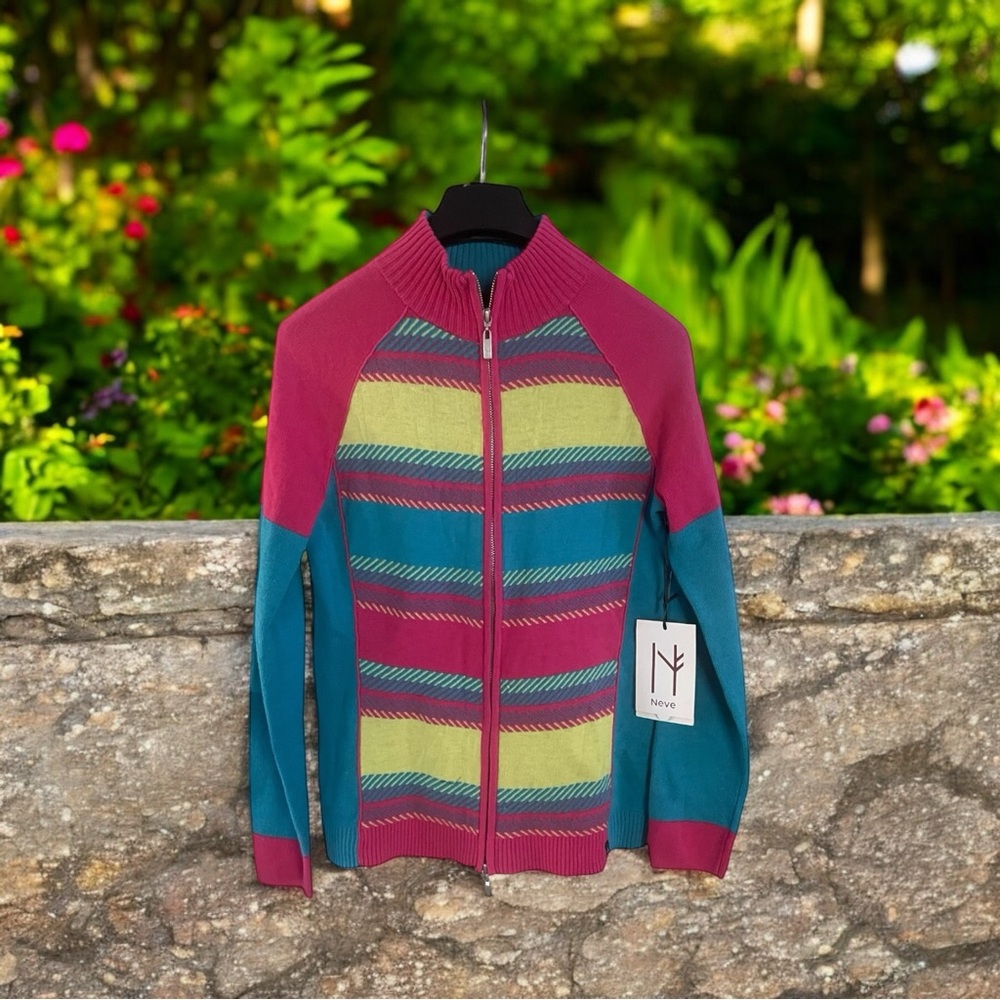 Nwt Neve Zip Cardigan Colors Stripes Merino Wool Blend Long Sleeve Turtleneck M